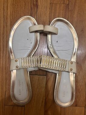 kate spade Cream Leather Slide Sandals with Gold Accent Hardware